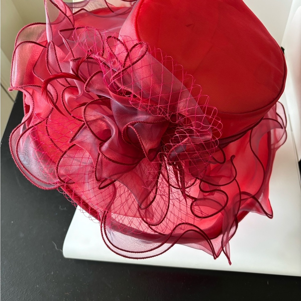 Vibrant Red Wide Brim Hat with Floral Ruffles
